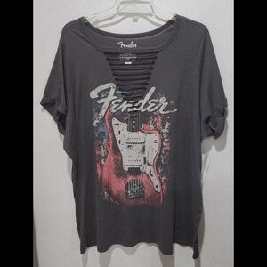 Torrid Fender T Shirt Sz 5X Dk Gray Guitar Graphic Slashed Neck Short Sleeve NWT